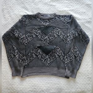 Vintage Patterned Sweater With Leather, Size Med